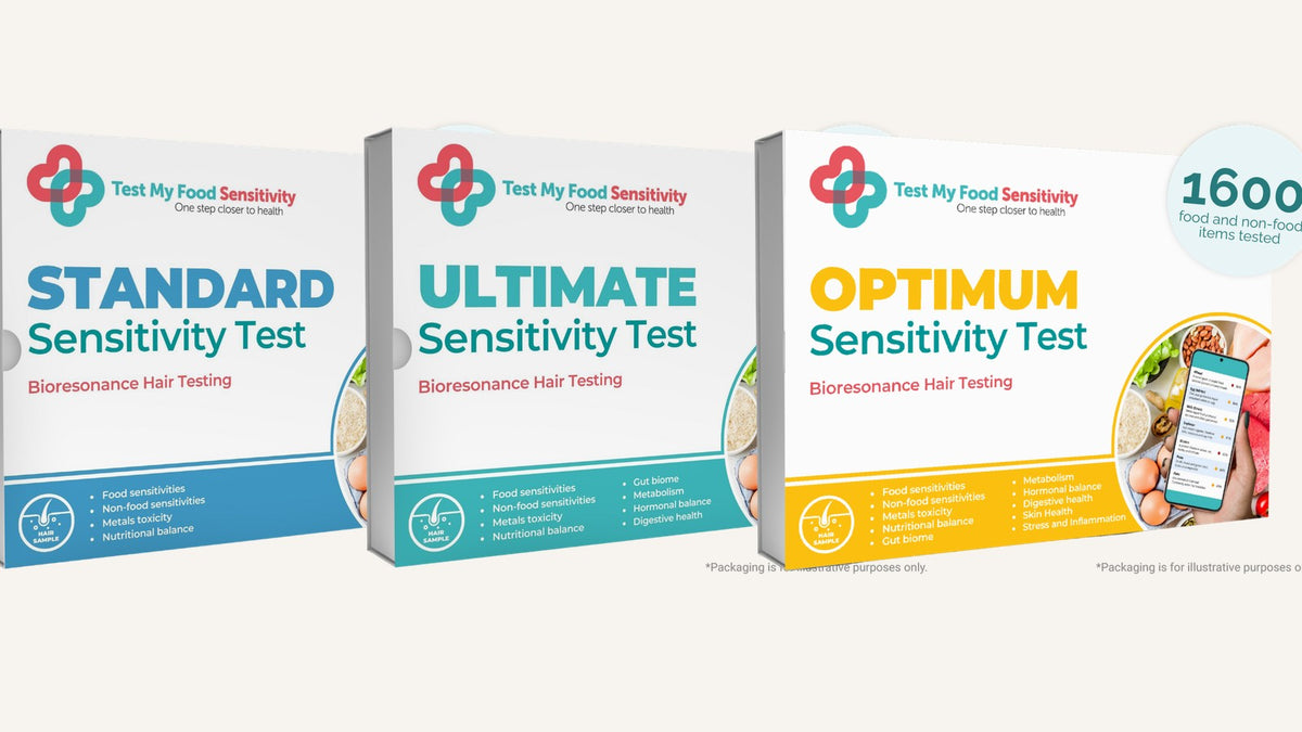 Three Test My Food Sensitivity hair sensitivity test boxes side by side
