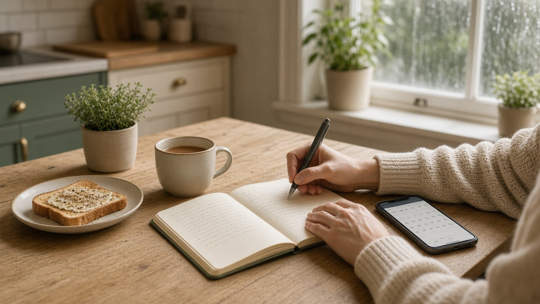 Food and symptom diary on a kitchen table