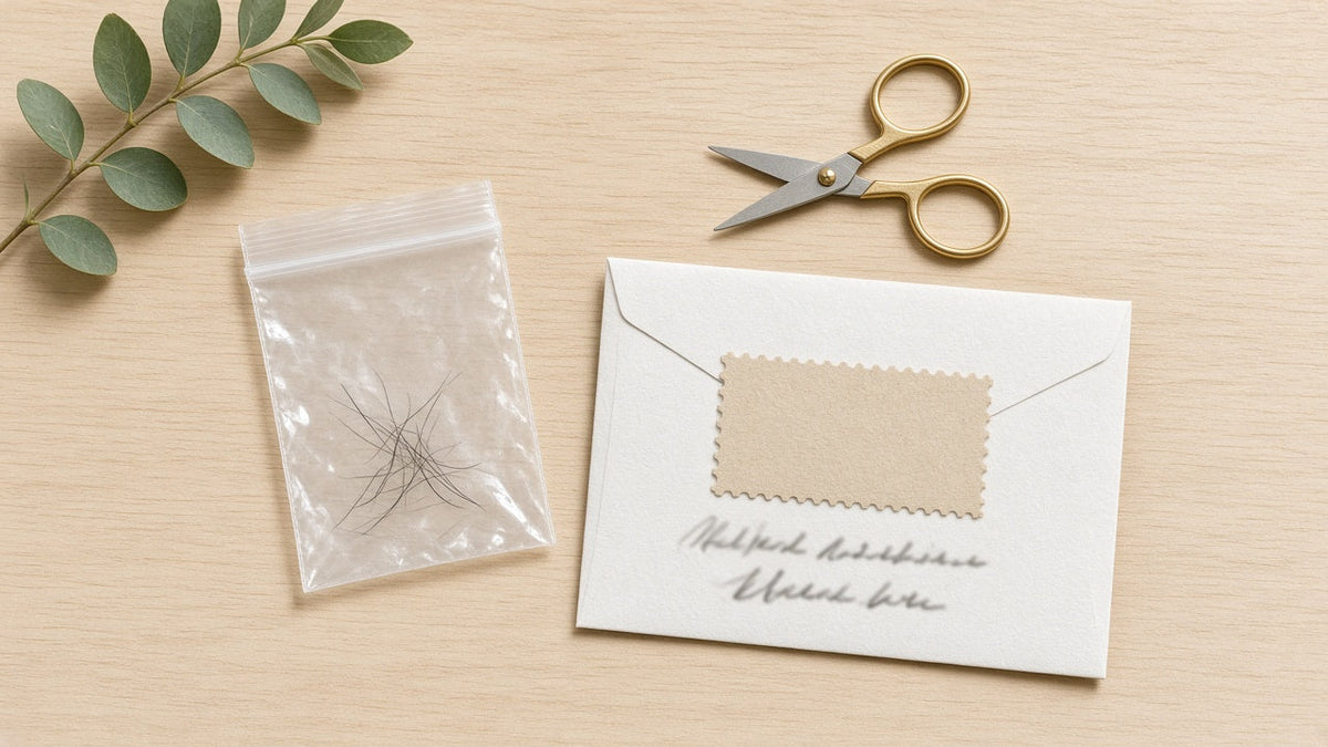 Hair sample in a small bag beside an envelope