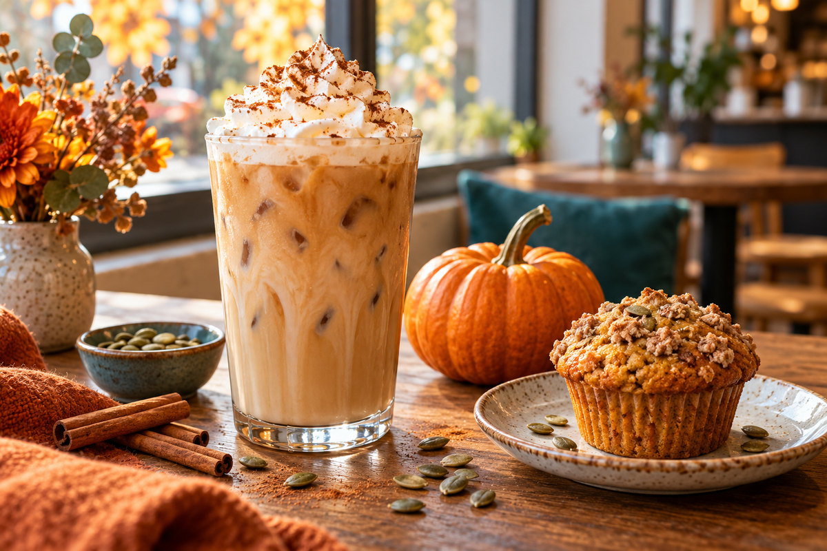 A pumpkin-spiced iced coffee, small pumpkin, muffin, pumpkin seeds and cinnamon on a café table.