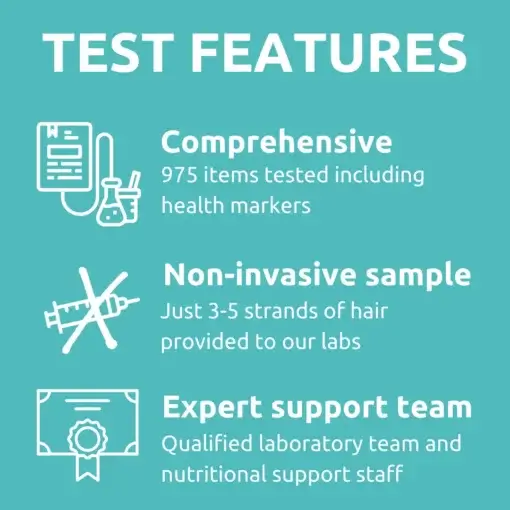 TEST FEATURES Comprehensive 975 items tested including health markers Non-invasive sample Just 3-5 strands of hair provided to our labs Expert support team Qualified laboratory team and nutritional support staff